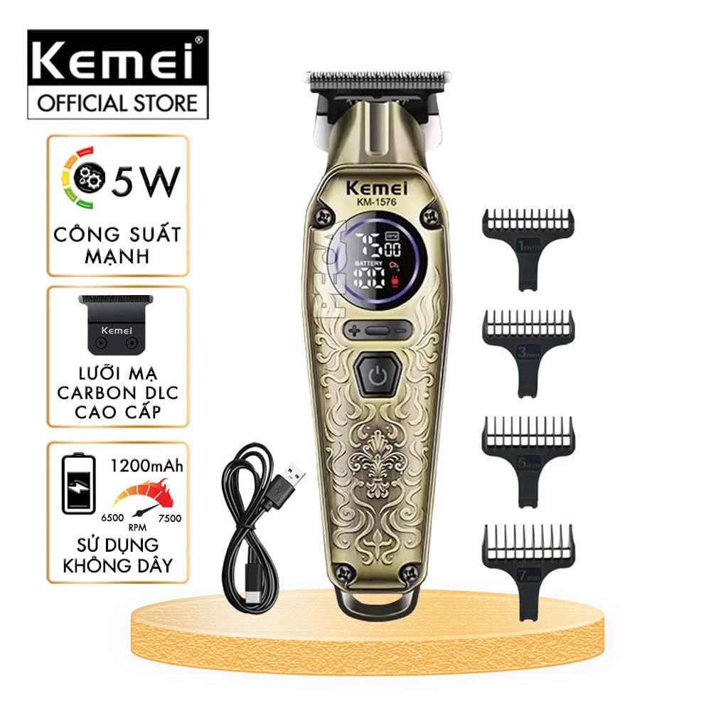 Tông đơ chấn viền Kemei KM-1576 lưỡi cắt mạ carbon cao cấp công suất 5W, điều chỉnh 3 mức tốc độ - Chính hãng
