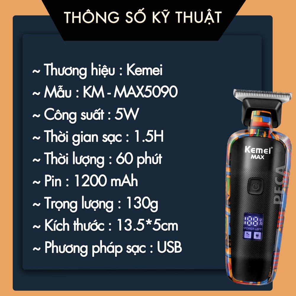 Tông đơ chấn viền Kemei KM-MAX5090 màn hình LCD hiển thị chuyên nghiệp sạc nhanh USB kèm theo 6 cữ lược tiện lợi cắt tóc - Hàng chính hãng