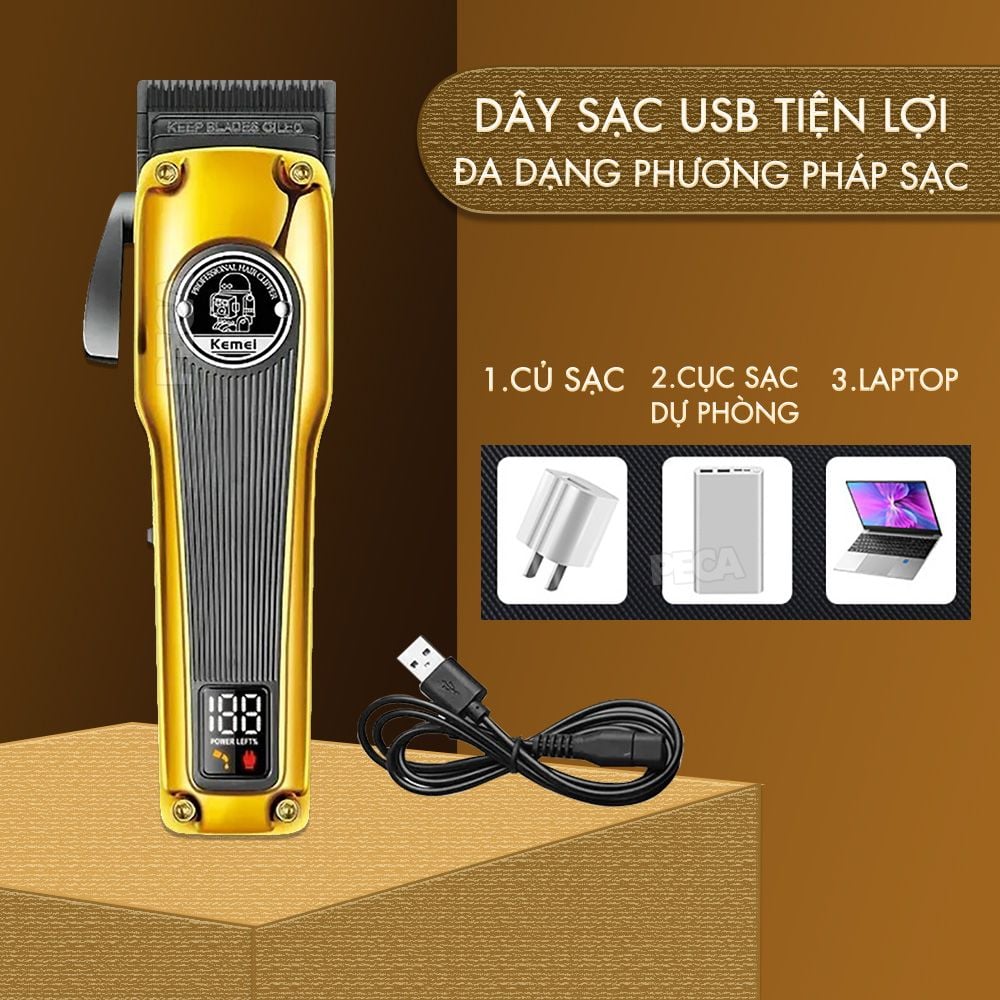 Tông đơ cắt tóc chuyên nghiệp Kemei KM-1825 lưỡi cắt mạ carbon DLC cao cấp có động cơ không chổi than màn hình LCD hiển thị công suất 8W