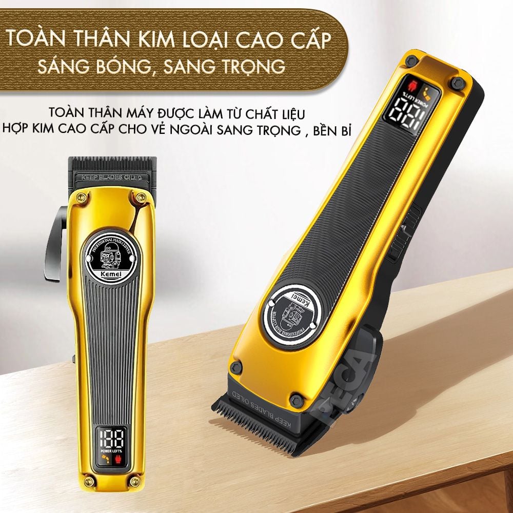 Tông đơ cắt tóc chuyên nghiệp Kemei KM-1825 lưỡi cắt mạ carbon DLC cao cấp có động cơ không chổi than màn hình LCD hiển thị công suất 8W