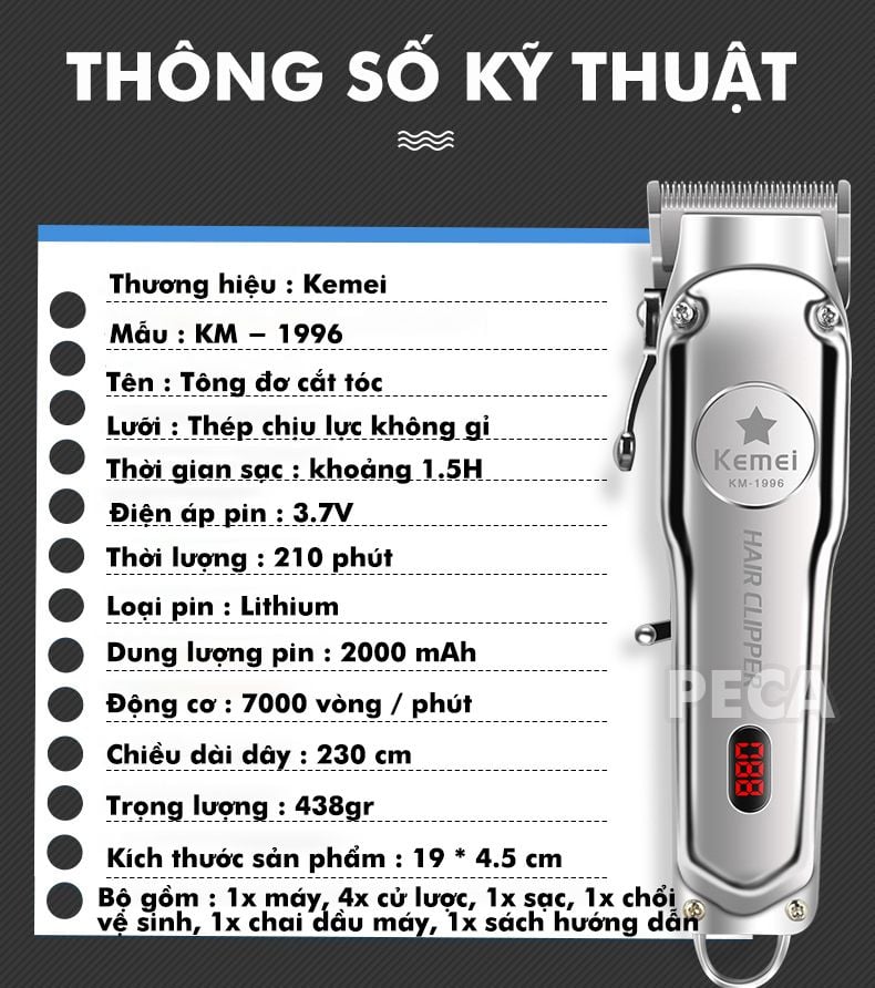 Tông đơ cắt tóc chuyên nghiệp màn hình LCD KEMEI KM-1996 hợp kim nhôm hàng không cao cấp lưỡi thép không gỉ pin trâu