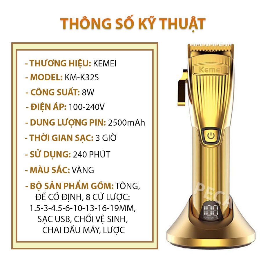 Tông đơ cắt tóc chuyên nghiệp KEMEI KM-K32S pin trâu 4 tiếng có màn hình LCD sử dụng đế sạc USB công suất mạnh 8W