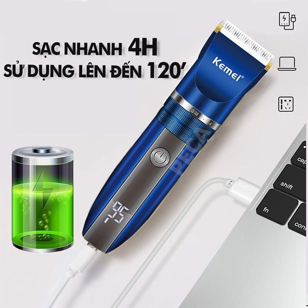 Tông đơ cắt tóc không dây Kemei KM-1086 màn hình LCD hiện pin thông minh dùng cho cá nhân và gia đình - Hàng chính hãng