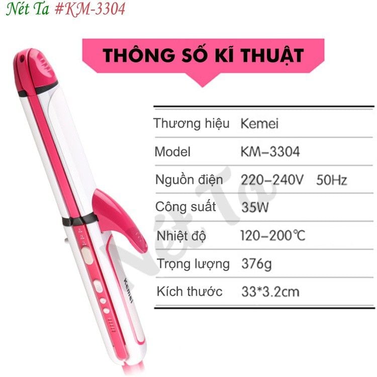 Máy làm tóc đa năng 3in1 duỗi uốn bấm Kemei KM-3304 tạo kiểu tóc dễ dàng với 1 chiếc máy nhỏ gọn