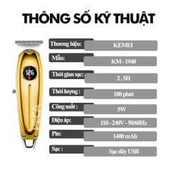 Tông đơ chấn viền không dây Kemei KM-1948 màn hình LCD sạc USB có thể khắc tóc tatoo, cạo trắng, cạo viền