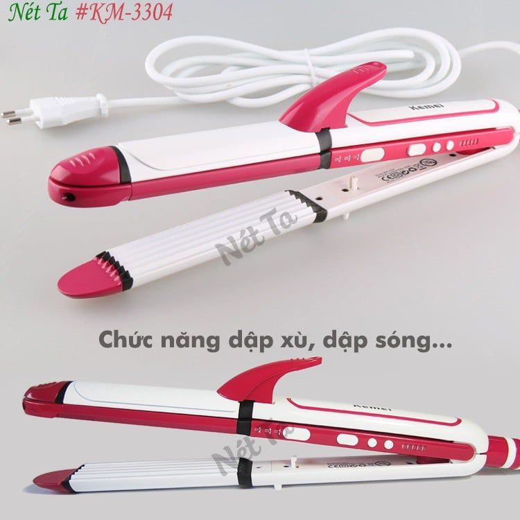 Máy làm tóc đa năng 3in1 duỗi uốn bấm Kemei KM-3304 tạo kiểu tóc dễ dàng với 1 chiếc máy nhỏ gọn