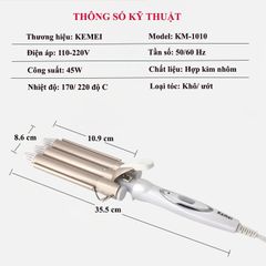 Máy uốn tóc chuyên nghiệp Kemei KM-1010 tiện lợi với 3 trục uốn dùng uốn xoăn, uốn lọn, gợn sóng