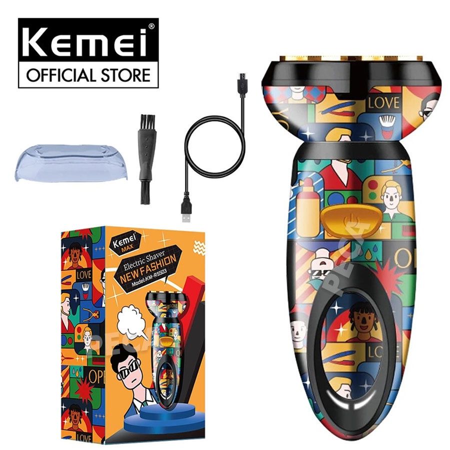 Máy cao râu lưỡi kép 4D KEMEI KM-RS503 vỏ bọc sang trọng màu sắc TREND GRAFFITI phiên bản mini cá tính, dùng sạc USB