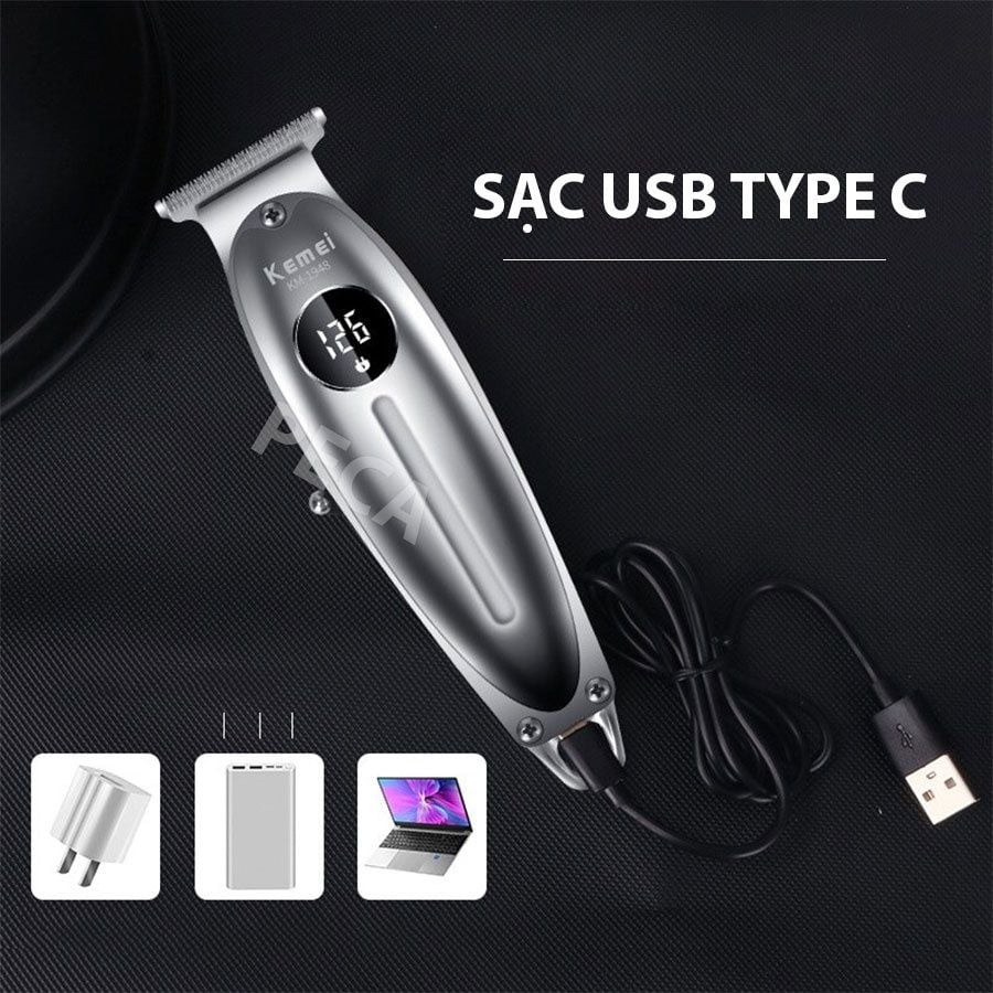 Tông đơ chấn viền không dây Kemei KM-1948 màn hình LCD sạc USB có thể khắc tóc tatoo, cạo trắng, cạo viền