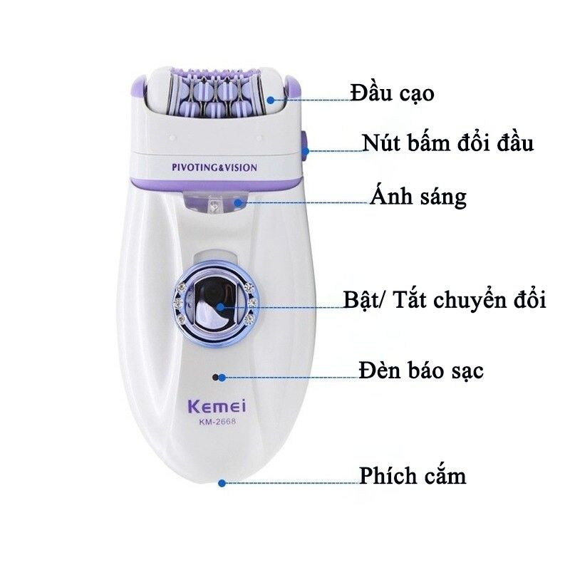 Máy tẩy lông đa năng 2in1 Kemei-2668 chuyên dùng cạo, nhổ tỉa lông toàn thân sử dụng pin sạc tiện lợi (Màu tím và đỏ)