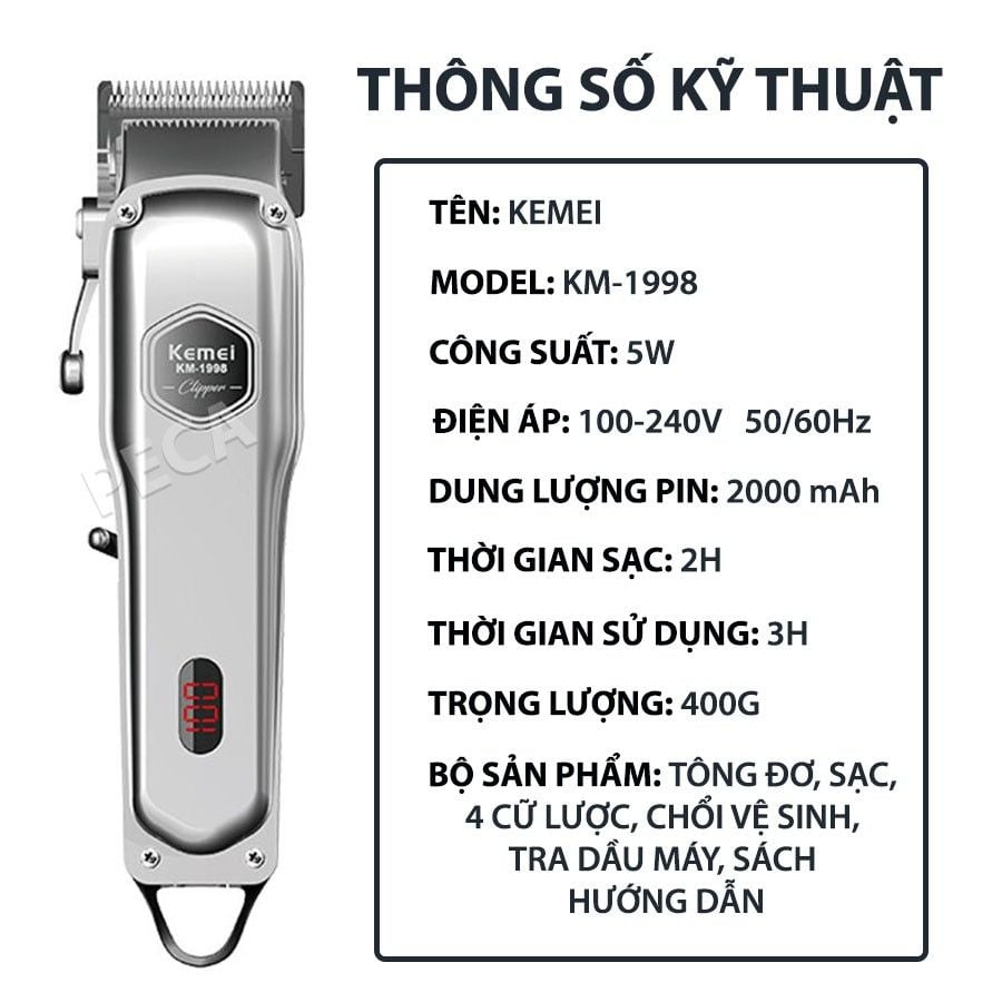 Tông đơ cắt tóc chuyên nghiệp Kemei KM-1998 có màn hình LED hiển thị thích hợp dùng fade tóc, tattoo tóc cho barber shop