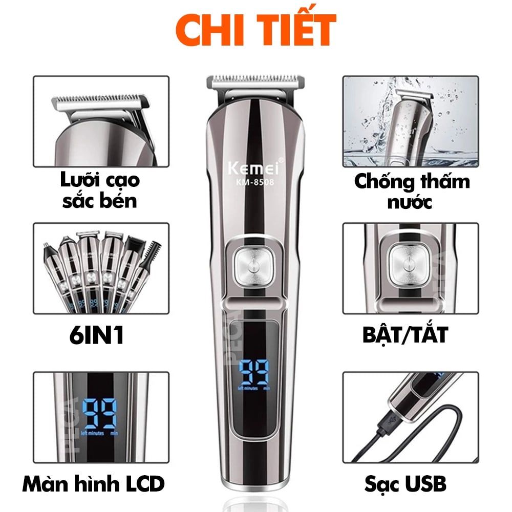 Tông đơ cắt tóc đa năng 11in1 Kemei KM-8508 không dây 2 tốc độ cắt có thể cắt tóc, cạo râu, tỉa lông mũi,..