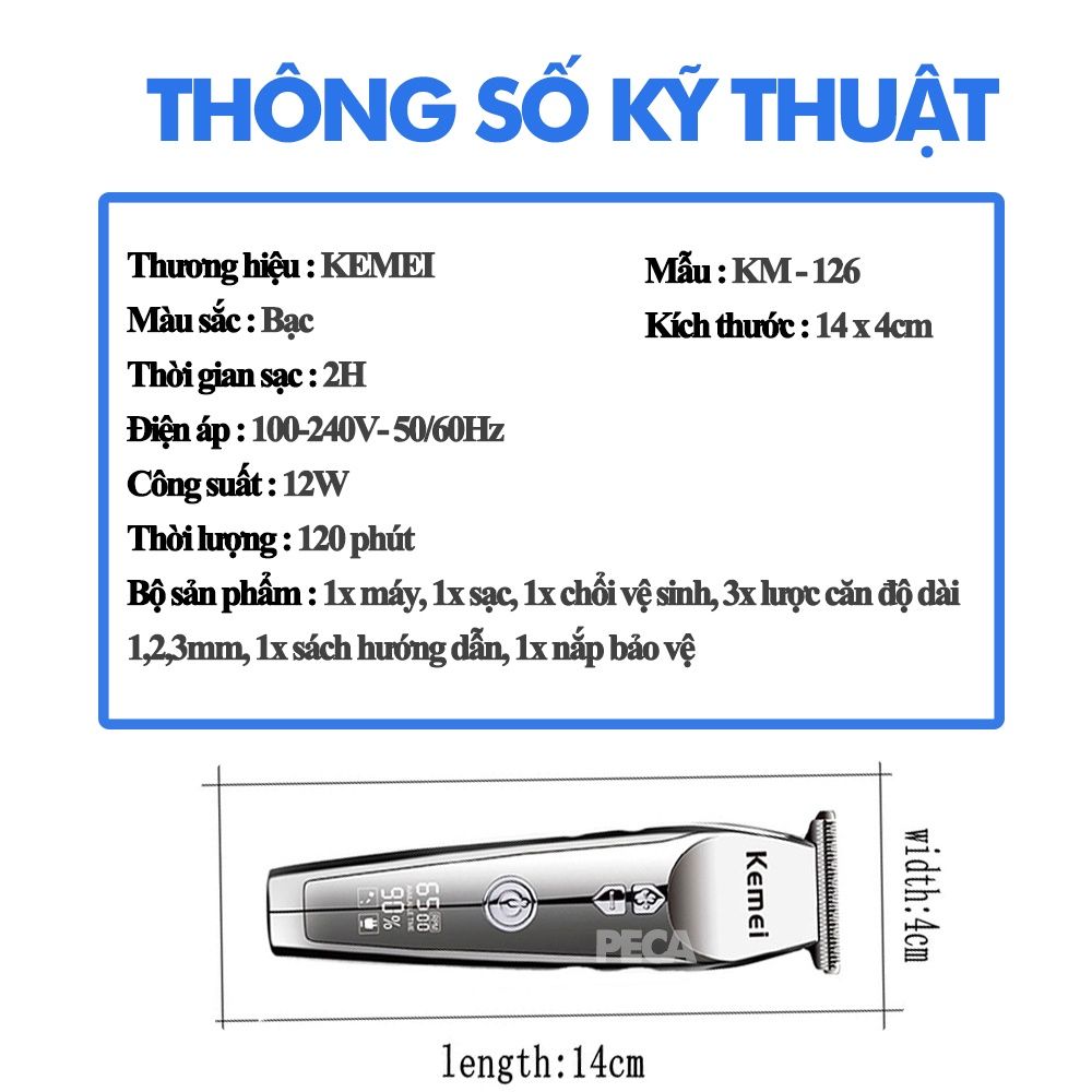 Tông đơ chấn viền không dây Kemei KM-126 màn hình LCD thông minh, 3 tốc độ cắt, có thể khắc tatoo, cạo trắng...Hàng chính hãng