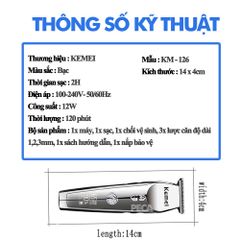 Tông đơ chấn viền không dây Kemei KM-126 màn hình LCD thông minh, 3 tốc độ cắt, có thể khắc tatoo, cạo trắng...Hàng chính hãng