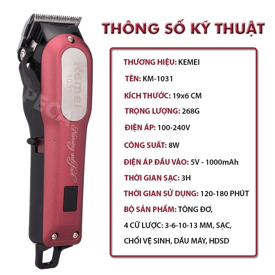 Tông đơ cắt tóc chuyên nghiệp KEMEI KM-1031 có màn hình LED công suất mạnh 8W sử dụng pin sạc có thể cắm dây trực tiếp