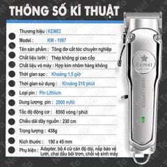 Tông đơ cắt tóc không dây Kemei KM-1997 chuyên nghiệp với toàn thân là hợp kim nhôm cao cấp pin lithium 2000mAh