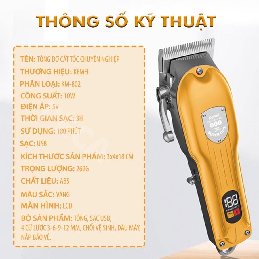 Tông đơ cắt tóc chuyên nghiệp KEMEI KM-802 công suất mạnh 10W màn hình