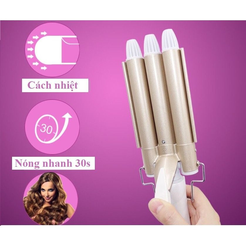 Máy uốn tóc chuyên nghiệp Kemei KM-1010 tiện lợi với 3 trục uốn dùng uốn xoăn, uốn lọn, gợn sóng