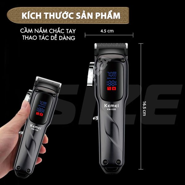 Tông đơ cắt tóc chuyên nghiệp Kemei KM-1550 công suất mạnh 5W màn hình LCD sạc nhanh USB type C tiện lợi - Chính hãng