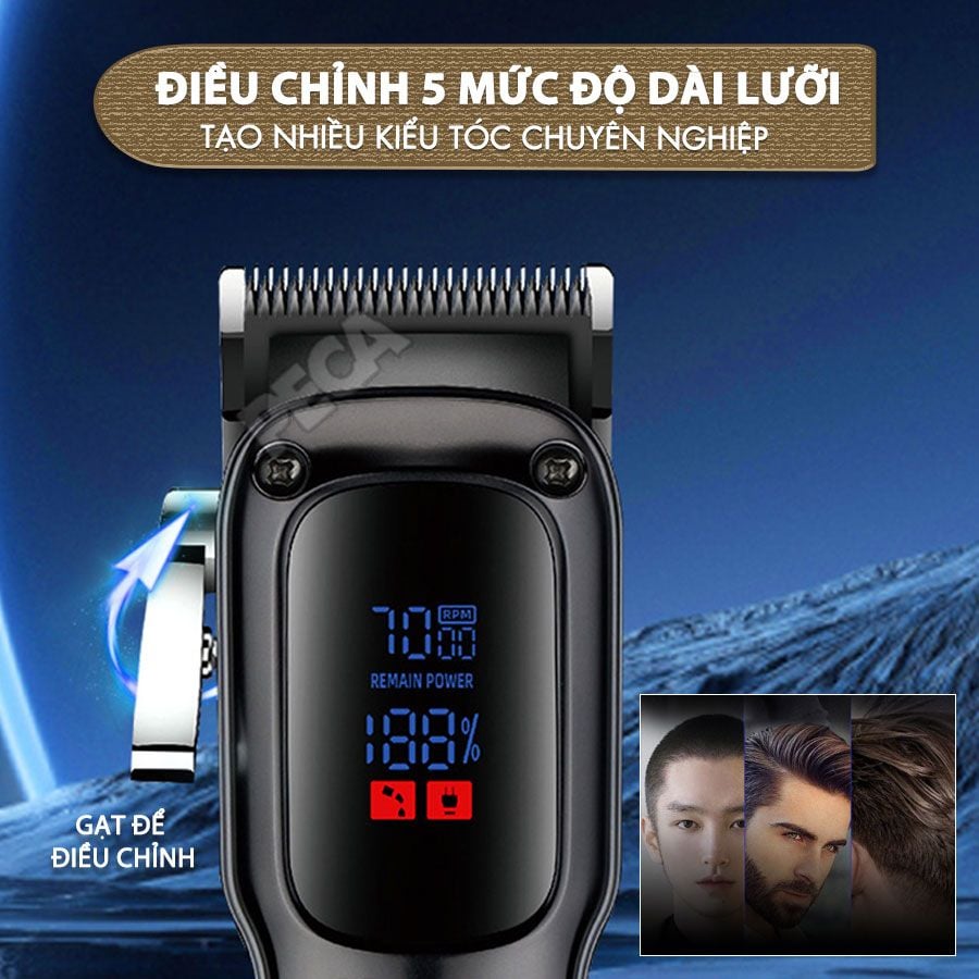 Tông đơ cắt tóc chuyên nghiệp Kemei KM-1550 công suất mạnh 5W màn hình LCD sạc nhanh USB type C tiện lợi - Chính hãng