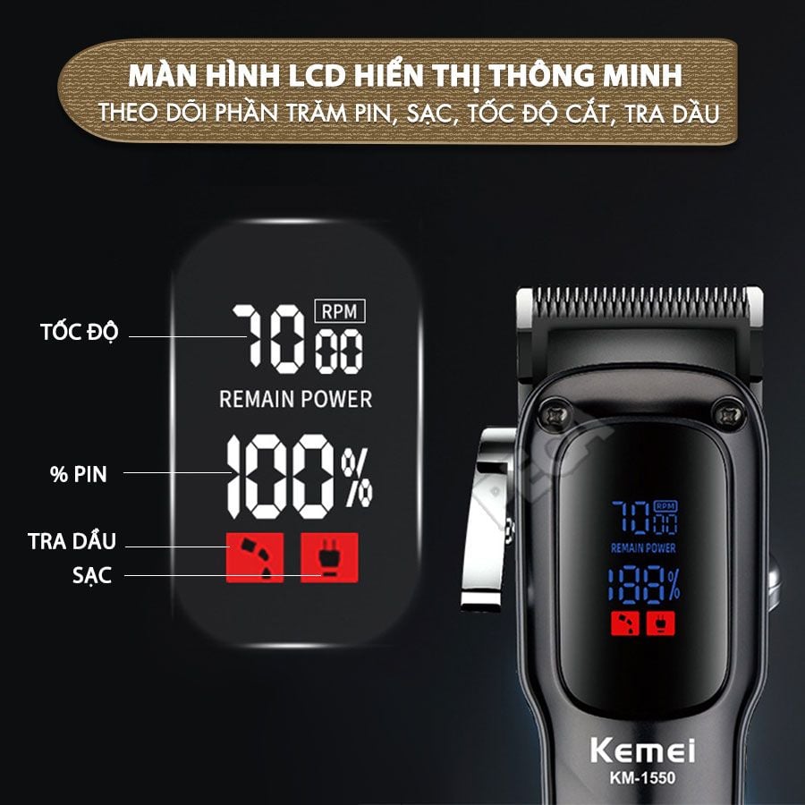Tông đơ cắt tóc chuyên nghiệp Kemei KM-1550 công suất mạnh 5W màn hình LCD sạc nhanh USB type C tiện lợi - Chính hãng