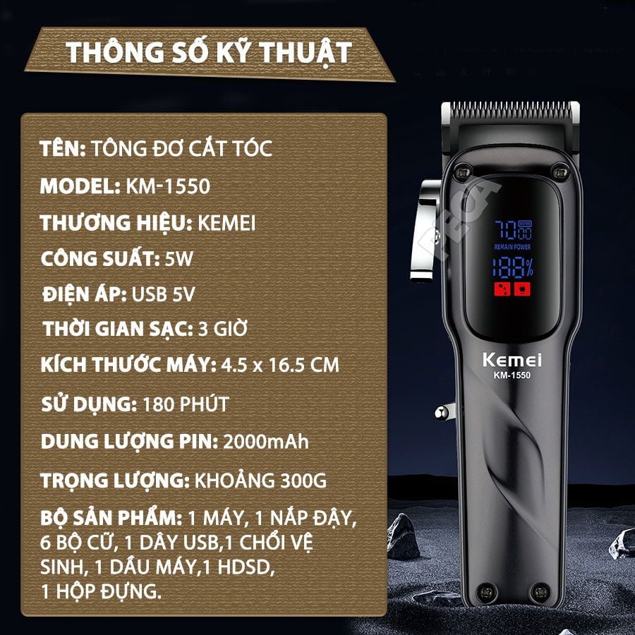 Tông đơ cắt tóc chuyên nghiệp Kemei KM-1550 công suất mạnh 5W màn hình LCD sạc nhanh USB type C tiện lợi - Chính hãng