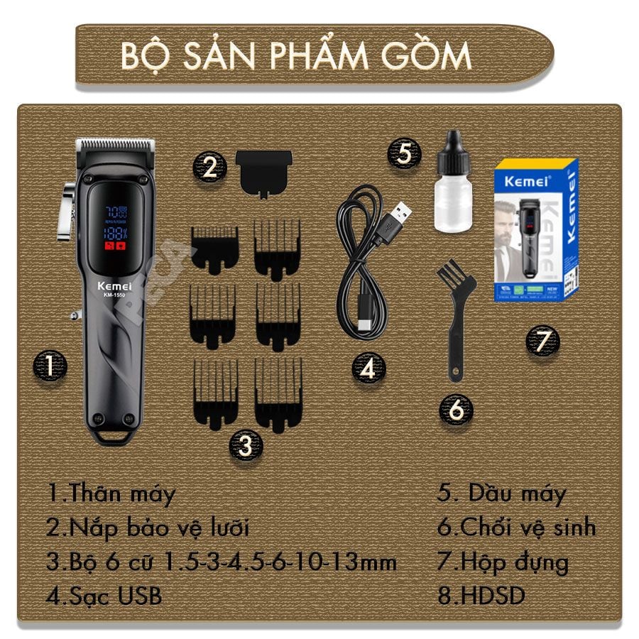 Tông đơ cắt tóc chuyên nghiệp Kemei KM-1550 công suất mạnh 5W màn hình LCD sạc nhanh USB type C tiện lợi - Chính hãng