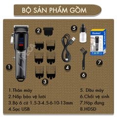 Tông đơ cắt tóc chuyên nghiệp Kemei KM-1550 công suất mạnh 5W màn hình LCD sạc nhanh USB type C tiện lợi - Chính hãng