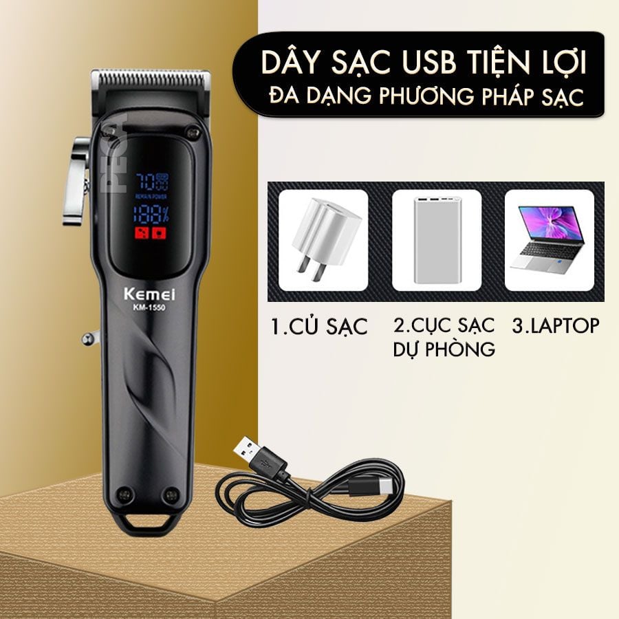 Tông đơ cắt tóc chuyên nghiệp Kemei KM-1550 công suất mạnh 5W màn hình LCD sạc nhanh USB type C tiện lợi - Chính hãng