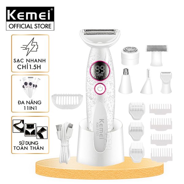 Máy tẩy lông đa năng 11in1 Kemei KM-7101 gồm đầu thay thế chuyên dụng cạo lông