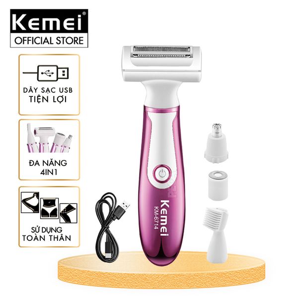 Máy tẩy lông đa năng 4in1 Kemei KM-6714 gồm 4 đầu thay thế chuyên dụng cạo lông toàn thân