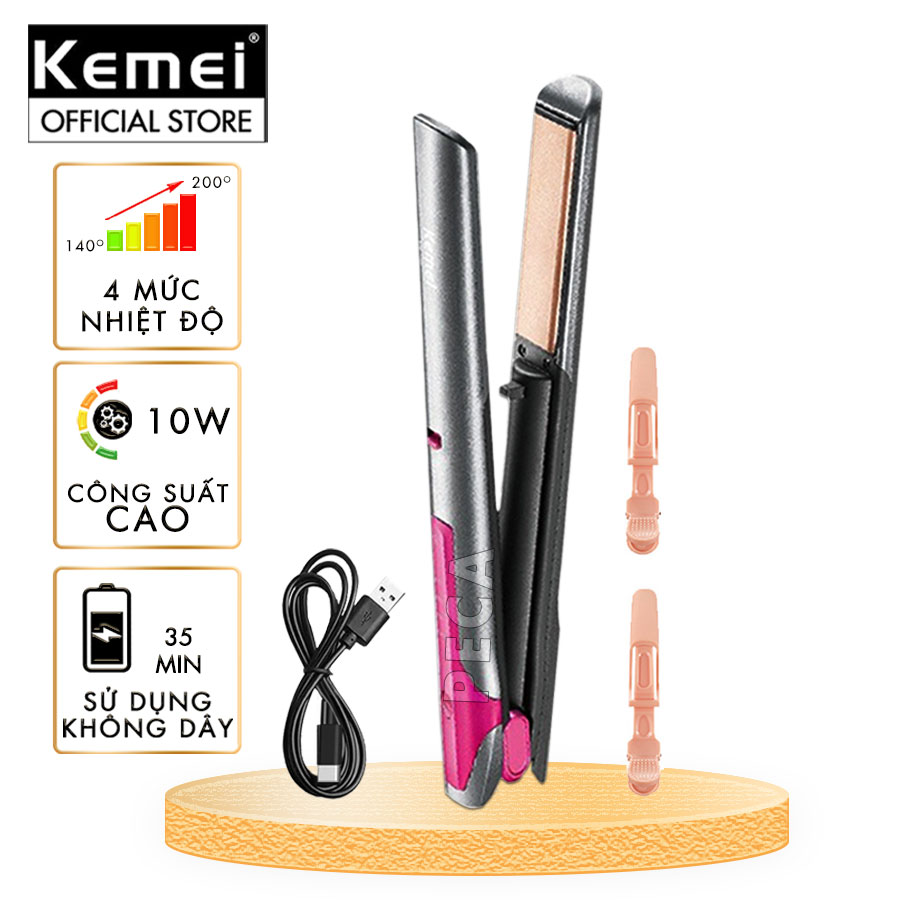 Máy duỗi tóc không dây Kemei KM-555 chuyên nghiệp điều chỉnh 4 mức nhiệt độ phù hợp sử dụng mọi loại tóc - Hàng chính hãng