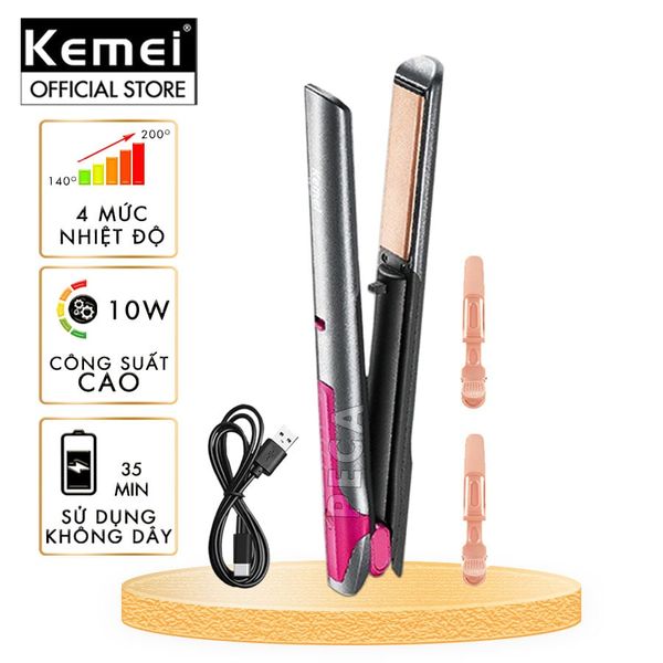 Máy duỗi tóc không dây Kemei KM-555 chuyên nghiệp điều chỉnh 4 mức nhiệt độ phù hợp sử dụng mọi loại tóc - Hàng chính hãng