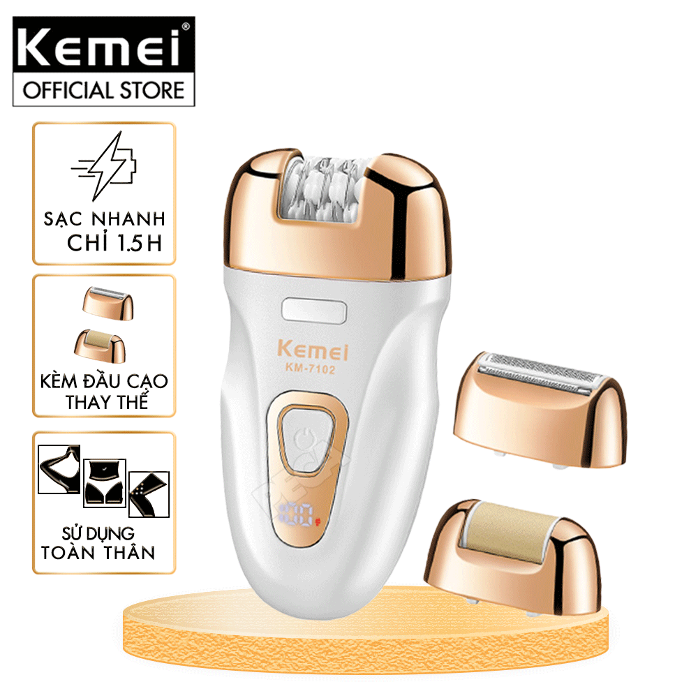 Máy tẩy lông đa năng 3in1 Kemei KM-7102 gồm 3 đầu thay thế chuyên dụng nhổ lông, cạo lông, chà gót chân sử dụng toàn thân - Chính hãng
