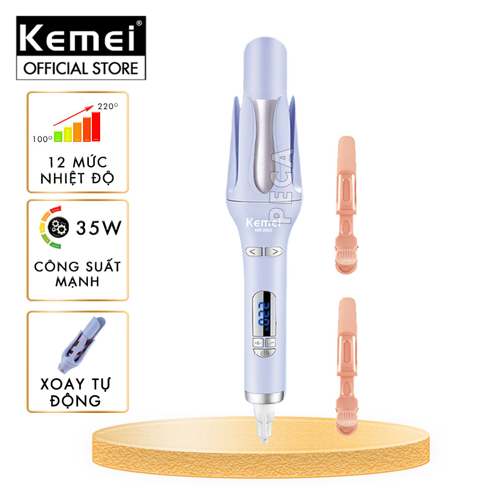 Máy uốn tóc xoay tự động Kemei KM-2063 điều chỉnh 12 mức nhiệt độ phù hợp với mọi loại tóc - Chính hãng
