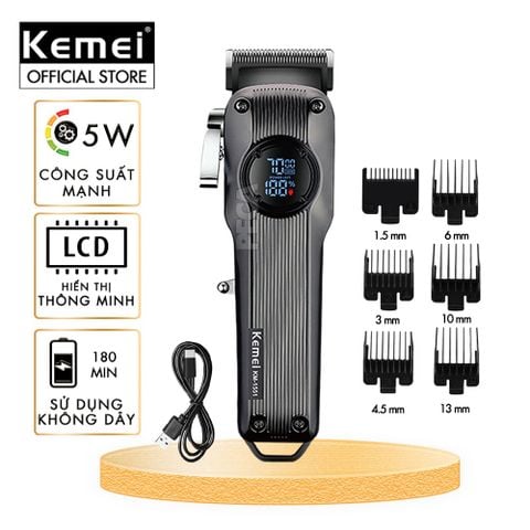 Tông đơ cắt tóc chuyên nghiệp Kemei KM-1551 công suất mạnh 5W màn hình LCD sạc nhanh USB type C tiện lợi - Chính hãng