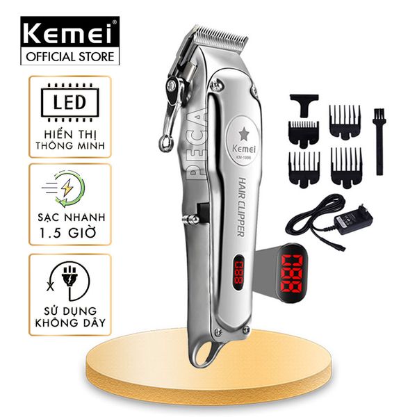 Tông đơ cắt tóc chuyên nghiệp màn hình LCD KEMEI KM-1996 hợp kim nhôm hàng không cao cấp lưỡi thép không gỉ pin trâu