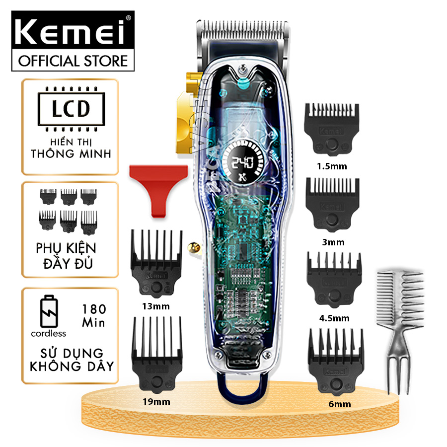 Tông đơ cắt tóc chuyên nghiệp KEMEI KM-2709PG màn hình LCD hiển thị thông minh pin trâu 3h sạc nhanh
