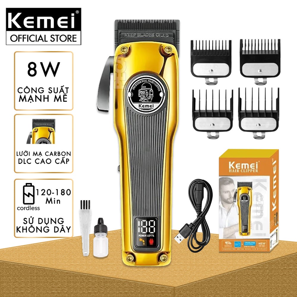 Tông đơ cắt tóc chuyên nghiệp Kemei KM-1825 lưỡi cắt mạ carbon DLC cao cấp có động cơ không chổi than màn hình LCD hiển thị công suất 8W
