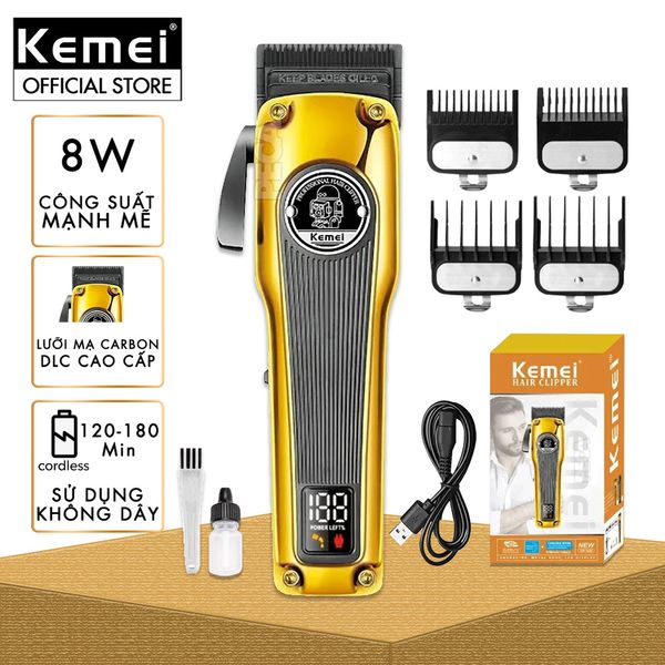 Tông đơ cắt tóc chuyên nghiệp Kemei KM-1825 lưỡi cắt mạ carbon DLC cao cấp có động cơ không chổi than màn hình LCD hiển thị công suất 8W