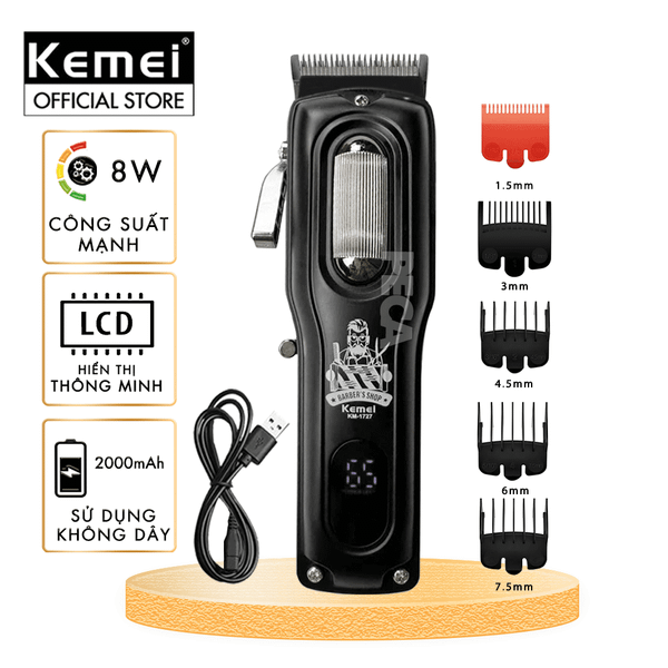Tông đơ cắt tóc chuyên nghiệp Kemei KM-1727 công suất mạnh 8W màn hình LCD sạc nhanh USB tiện lợi
