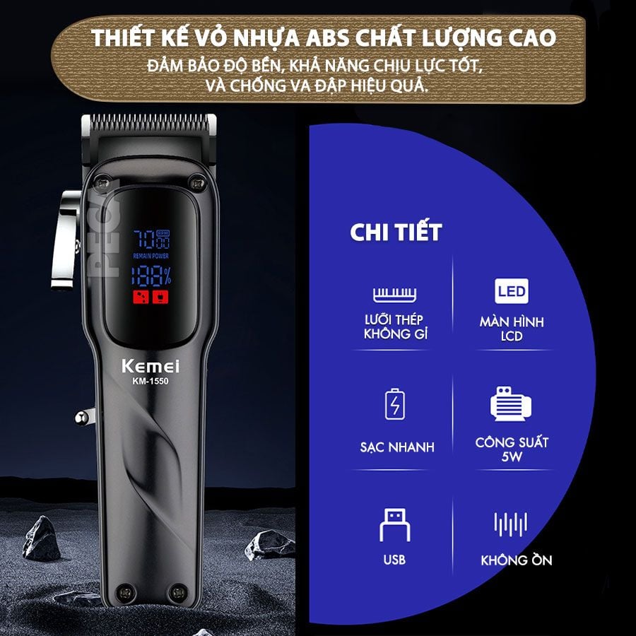 Tông đơ cắt tóc chuyên nghiệp Kemei KM-1550 công suất mạnh 5W màn hình LCD sạc nhanh USB type C tiện lợi - Chính hãng