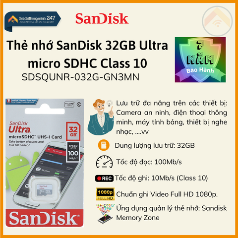 Thẻ nhớ SanDisk 32GB/Ultra microSDHC/C10 100MB/s(SDSQUNR-032G-GN3MN)
