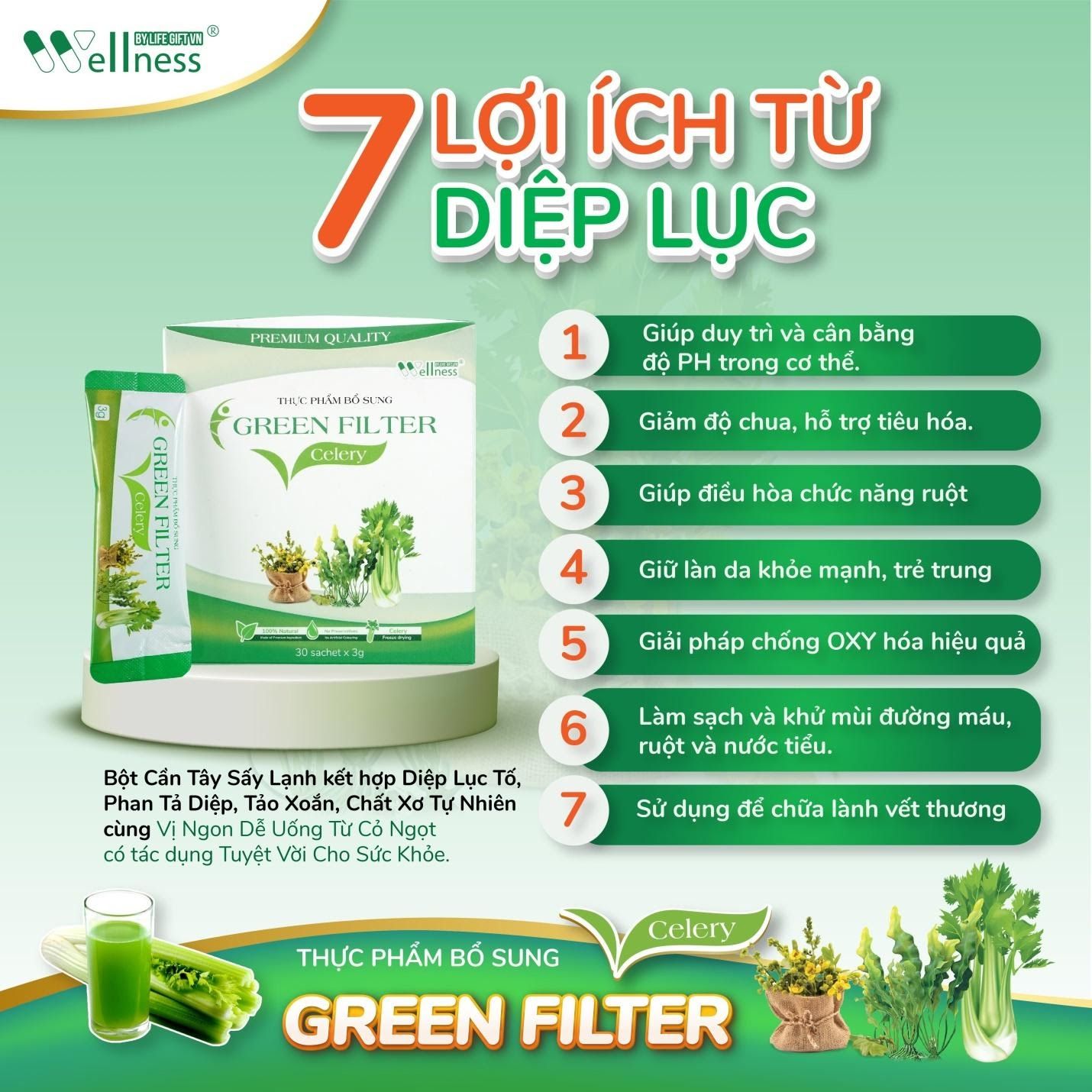 Thực phẩm bổ sung bột Cần tây – diệp lục Green Filter Celery – 7 lợi ích từ Diệp Lục