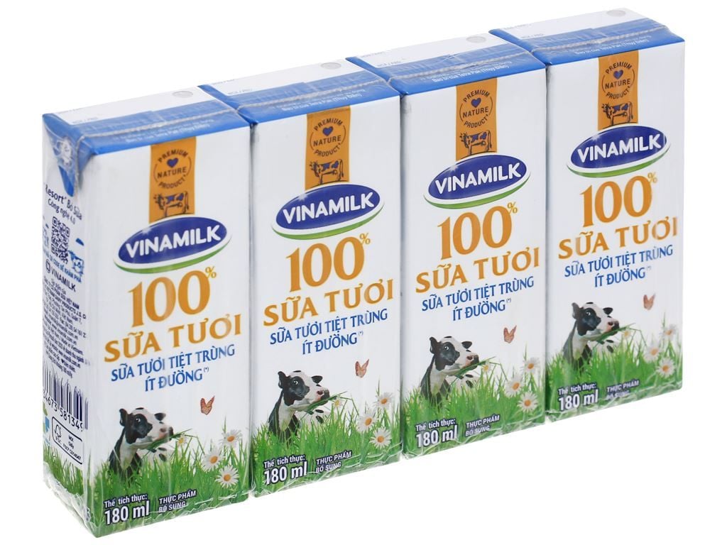  Sữa tươi tiệt trùng Vinamilk dưỡng chất ít đường 4x180ml 