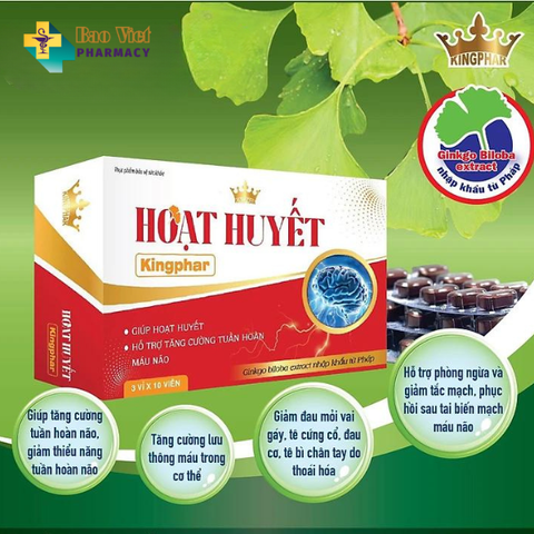  Hoạt huyết Kingphar - Tăng cường tuần hoàn máu, giảm đau đầu, mất ngủ, tăng cường trí nhớ (hộp 3 vỉ x 10 viên) 