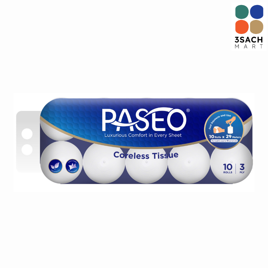  Giấy Vệ Sinh Paseo 3 Lớp Không Lõi (Lốc 10 Cuộn) 