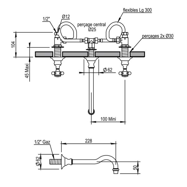  Vòi chậu rửa mặt gắn tường cổ điển bằng đồng Julia Victoria - 19273 