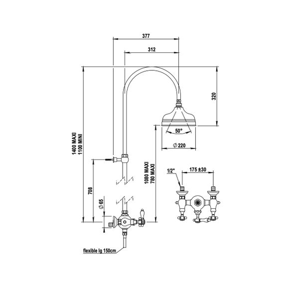  Vòi sen gắn tường, bát sen Ø220mm cổ điển bằng đồng Julia Victoria - 01544 