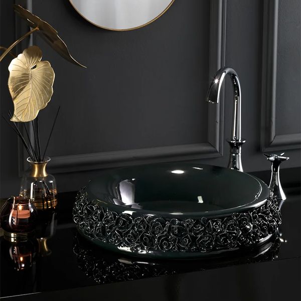  Chậu lavabo bán âm bàn cánh hoa hồng đen Bouquet - 0405BB 